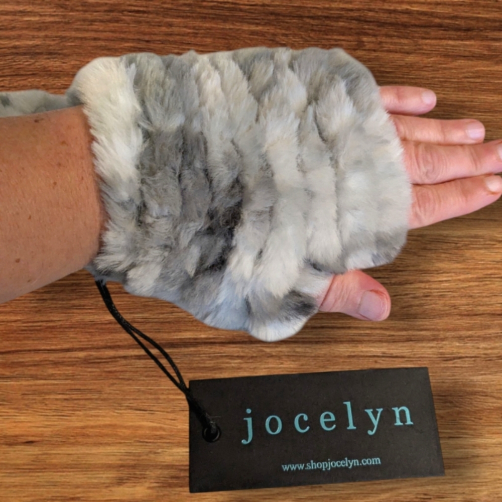 jocelyn Faux Fur Fingerless Gloves in Gray and Cream